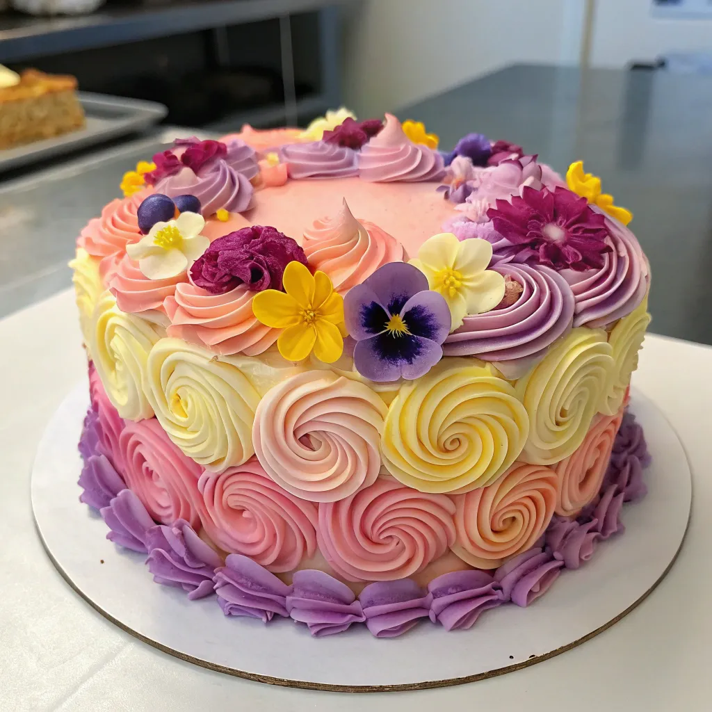 Colorful cake decorated with frosting and edible flowers